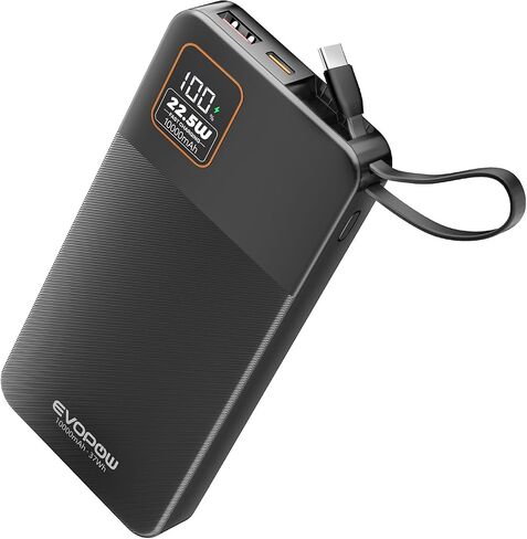 Portable Charger Power Bank, 10000mAh 22.5W Super Fast Charging Powerbank with Built-in USB C In&Out Cable, Slim External Battery Pack for iPhone 16/15/14/13/12/11 iPad Samsung S24 S23 Android (Black) in Saudi Arabia