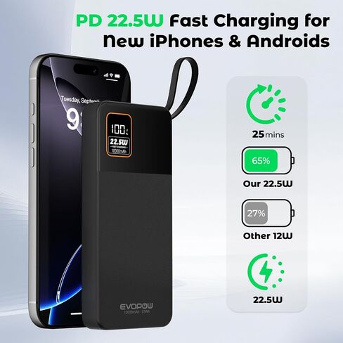 Portable Charger Power Bank, 10000mAh 22.5W Super Fast Charging Powerbank with Built-in USB C In&Out Cable, Slim External Battery Pack for iPhone 16/15/14/13/12/11 iPad Samsung S24 S23 Android (Black) in Saudi Arabia