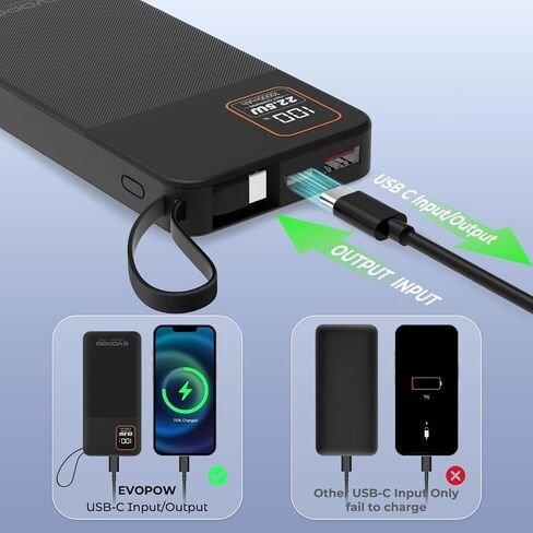 Portable Charger Power Bank, 10000mAh 22.5W Super Fast Charging Powerbank with Built-in USB C In&Out Cable, Slim External Battery Pack for iPhone 16/15/14/13/12/11 iPad Samsung S24 S23 Android (Black) in Saudi Arabia