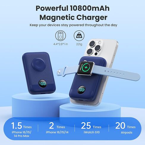 شاحن محمول مغناطيسي لهاتف iPhone، بنك طاقة 10800 مللي أمبير 4 في 1 مع شاحن iWatch، حزمة بطارية شحن سريع 25 وات PD لسلسلة Magsafe، iPhone 17/16/15/14/13/12، ساعة Apple، أساسيات السفر، وردي in Kuwait