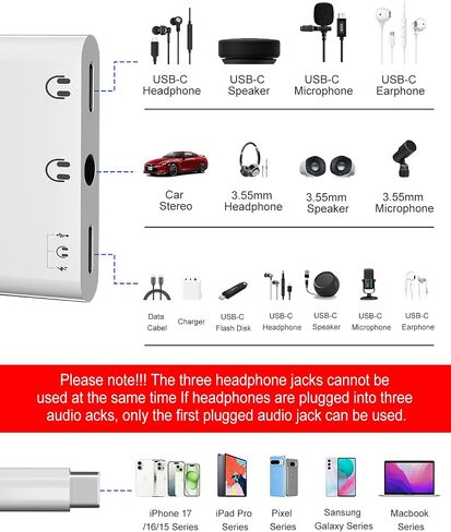 USB C Splitter 1 in 3 Out Dual USB C Headphone and Charger With 480Mbps Data, USB-C to 3.5mm Headphone Jack+ Dual Type c Dongle Surpport Music, Call, Microphone, PD60W Charging, Data Transfer in Saudi Arabia