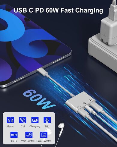 USB C Splitter 1 in 3 Out Dual USB C Headphone and Charger With 480Mbps Data, USB-C to 3.5mm Headphone Jack+ Dual Type c Dongle Surpport Music, Call, Microphone, PD60W Charging, Data Transfer in Saudi Arabia