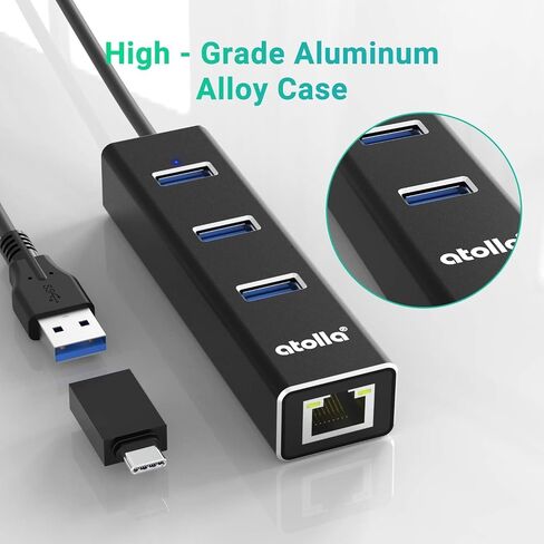 USB 3.0 Hub with Gigabit Ethernet — 3-Port SuperSpeed USB-A Hub + USB-C Adapter, 5Gbps Data Transfer, Plug-&-Play, Aluminum Design — Compatible with MacBook Pro/Air, Dell XPS, Surface, Chromebook in Kuwait