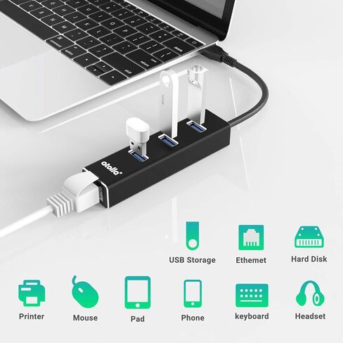 USB 3.0 Hub with Gigabit Ethernet — 3-Port SuperSpeed USB-A Hub + USB-C Adapter, 5Gbps Data Transfer, Plug-&-Play, Aluminum Design — Compatible with MacBook Pro/Air, Dell XPS, Surface, Chromebook in Kuwait