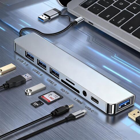موزع USB C/USB، موزع ألومنيوم 8 في 1 USBC وUSB موسع مع USB 3.0، USB 2.0، SD/TF، ​​مقبس صوت، محول متعدد المنافذ لمنافذ الطاقة USB-C متوافق مع أجهزة الكمبيوتر الشخصية/أجهزة الكمبيوتر المحمولة/Mac Book Pro/Air/iMac/iPad والمزيد من الأجهزة in Saudi Arabia