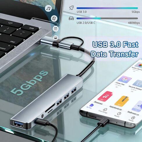 موزع USB C/USB، موزع ألومنيوم 8 في 1 USBC وUSB موسع مع USB 3.0، USB 2.0، SD/TF، ​​مقبس صوت، محول متعدد المنافذ لمنافذ الطاقة USB-C متوافق مع أجهزة الكمبيوتر الشخصية/أجهزة الكمبيوتر المحمولة/Mac Book Pro/Air/iMac/iPad والمزيد من الأجهزة in Saudi Arabia