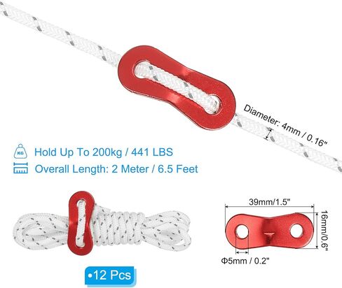 4mm Tent Rope, 12 Pack 6.5ft Reflective Guyline Cord Tied Downs Rope Paracord Cord Camping Ropes with Red Aluminum Cord Adjusters for Camping Hiking Tent, White in Saudi Arabia