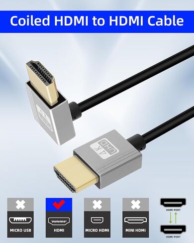 كابل ملفوف HDMI بزاوية 4K بطول 2.2 قدم، كابل HDMI قصير 270 درجة إلى HDMI، كابل HDMI 2.0 حلزوني زنبركي 4K@120 هرتز، 18 جيجابت في الثانية، للكاميرا/التلفزيون/بطاقات الالتقاط/الكمبيوتر اللوحي in Kuwait