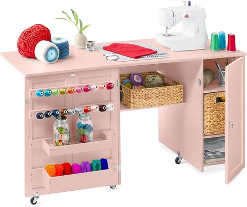 Best Choice Products Large Folding Sewing Table, Multipurpose Portable Craft Station & Side Desk w/Compact Design, Caster Wheels, Storage Shelves, Bins, Pegs, Magnetic Doors, Metal Doorknobs - White in Kuwait