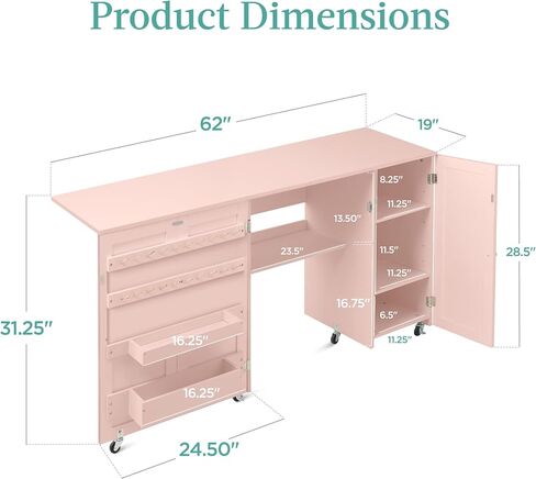 Best Choice Products Large Folding Sewing Table, Multipurpose Portable Craft Station & Side Desk w/Compact Design, Caster Wheels, Storage Shelves, Bins, Pegs, Magnetic Doors, Metal Doorknobs - White in Kuwait