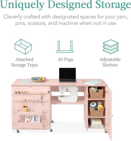 Best Choice Products Large Folding Sewing Table, Multipurpose Portable Craft Station & Side Desk w/Compact Design, Caster Wheels, Storage Shelves, Bins, Pegs, Magnetic Doors, Metal Doorknobs - White in Kuwait