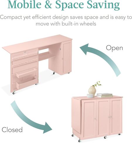 Best Choice Products Large Folding Sewing Table, Multipurpose Portable Craft Station & Side Desk w/Compact Design, Caster Wheels, Storage Shelves, Bins, Pegs, Magnetic Doors, Metal Doorknobs - White in Kuwait