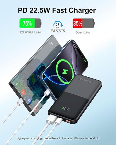شاحن محمول، بنك طاقة نحيف 10000 مللي أمبير في الساعة، حزمة بطارية شحن سريع USB-C بقدرة 22.5 وات متوافقة مع iPhone 17/16/15/14/13/12 Pro وSamsung Galaxy وiPad وAirPods وأجهزة Android اللوحية (أسود) in Kuwait