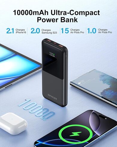 شاحن محمول، بنك طاقة نحيف 10000 مللي أمبير في الساعة، حزمة بطارية شحن سريع USB-C بقدرة 22.5 وات متوافقة مع iPhone 17/16/15/14/13/12 Pro وSamsung Galaxy وiPad وAirPods وأجهزة Android اللوحية (أسود) in Kuwait