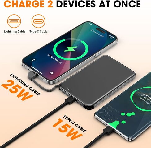 for MagSafe Portable Charger, 0.3" Ultra Slim 5000mAh Magnetic Power Bank, 25W PD Fast Charging Battery Pack with Built-in Cable, Travel Battery Bank for for iPhone 17/16/15/14/13/12, Black in Saudi Arabia