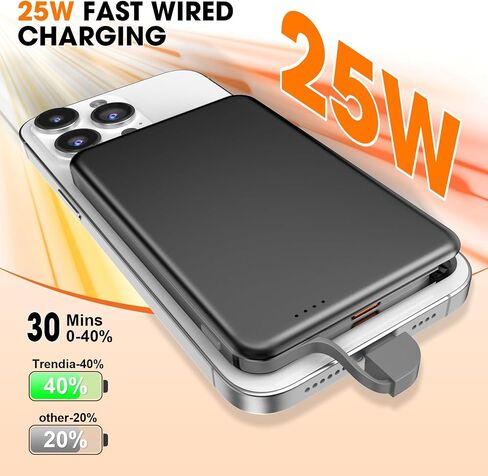 for MagSafe Portable Charger, 0.3" Ultra Slim 5000mAh Magnetic Power Bank, 25W PD Fast Charging Battery Pack with Built-in Cable, Travel Battery Bank for for iPhone 17/16/15/14/13/12, Black in Saudi Arabia