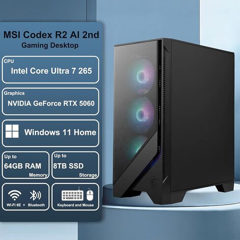 msi Codex R2 AI سطح المكتب الثاني للألعاب Intel 20-core Ultra 7 265 32GB RAM 2TB SSD GeForce RTX 5060 DLSS4 (ما يصل إلى 614 AI Tops) DisplayPort 5G Ethernet 80+ Gold PSU Wi-Fi6E Win11 ICP Hub in Saudi Arabia