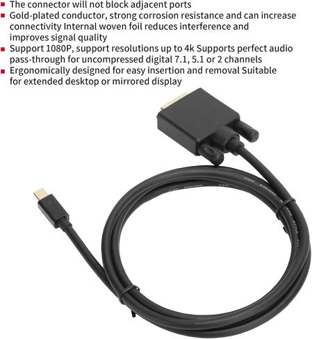 كابل SUNGOOYUE Mini DisplayPort إلى DVI، غطاء ABS أسود، دعم دقة 4K 1080P، موصل مطلي بالذهب مع رقائق منسوجة، متوافق مع أجهزة الكمبيوتر والشاشات (1.8 متر) in Saudi Arabia