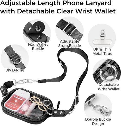 Clip and Go Strap for Phone with Wallet Crossbody Phone Lanyard Adjustable and Detachable Clear Bag with Zipper Pouch for Stadium Events and Concert in Saudi Arabia