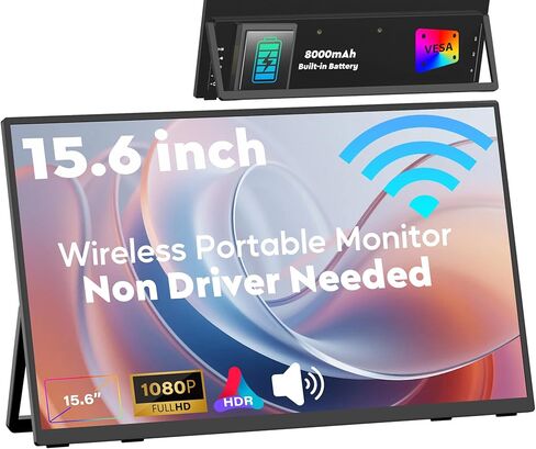 شاشة ZSCMALLS بطارية لاسلكية محمولة، 8000 مللي أمبير في الساعة 15.6 بوصة 1080 بكسل IPS USB-C/HDMI شاشة ثانية، مكبرات صوت مدمجة، تدعم AirPlay/Miracast لأجهزة الكمبيوتر المحمول/الهاتف/الكمبيوتر اللوحي/التبديل/Xbox in Kuwait