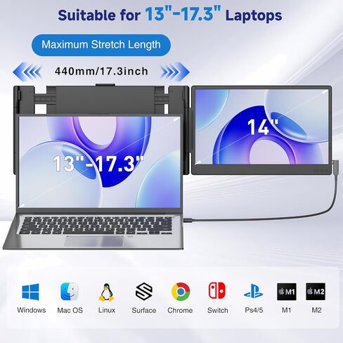 موسع شاشة الكمبيوتر المحمول، 14 بوصة FHD 1080P IPS مزدوج شاشة الكمبيوتر المحمول، شاشة محمولة لأجهزة الكمبيوتر المحمول 13-17.3 بوصة، توصيل وتشغيل شاشات مزدوجة لنظام التشغيل Windows/Mac مع منفذ USB C/HDMI in Kuwait