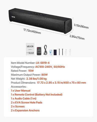 VEVOR Sound Bar للتلفزيون الذكي، 2.1 قناة، مكبرات صوت تلفزيون مدمجة مقاس 35 بوصة مع مضخم صوت مدمج لجهاز العرض، اتصال Bluetooth AUX، إعداد سهل، نظام صوت محيطي 120 وات للصوت المنزلي in Saudi Arabia