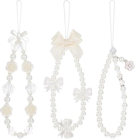3 Pcs Phone Charms Wrist Strap, Cute Pearl Flower Bow Beaded Cell Phone Camera Charms Straps, White Flower Bow Pearl Phones Wrist Lanyard Bracelet for Camera, Purse, Bag, Keychain Pendant Decorations in Saudi Arabia