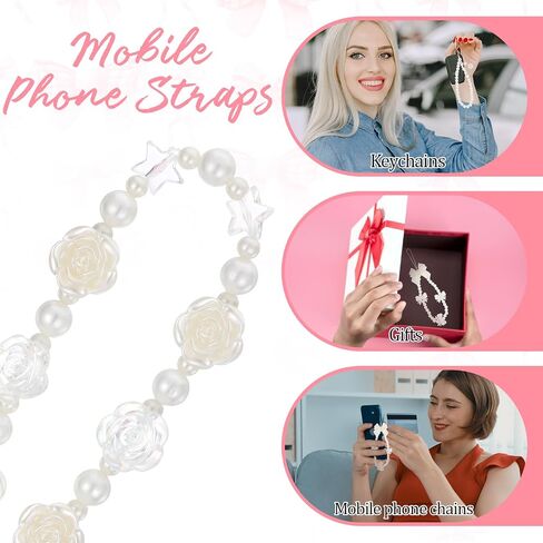 3 Pcs Phone Charms Wrist Strap, Cute Pearl Flower Bow Beaded Cell Phone Camera Charms Straps, White Flower Bow Pearl Phones Wrist Lanyard Bracelet for Camera, Purse, Bag, Keychain Pendant Decorations in Saudi Arabia