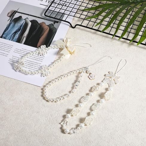 3 Pcs Phone Charms Wrist Strap, Cute Pearl Flower Bow Beaded Cell Phone Camera Charms Straps, White Flower Bow Pearl Phones Wrist Lanyard Bracelet for Camera, Purse, Bag, Keychain Pendant Decorations in Saudi Arabia
