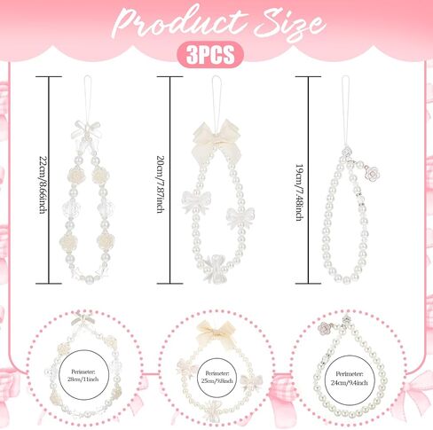 3 Pcs Phone Charms Wrist Strap, Cute Pearl Flower Bow Beaded Cell Phone Camera Charms Straps, White Flower Bow Pearl Phones Wrist Lanyard Bracelet for Camera, Purse, Bag, Keychain Pendant Decorations in Saudi Arabia
