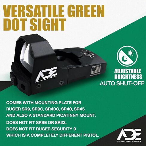Ade Advanced Optics RD3-006X Mini Green Dot Reflex Sight - Pistol Optic with Mounting Plate for Ruger SR9, SR9C, SR40C, SR40, SR45 - Compact Green Dot Sight in Saudi Arabia