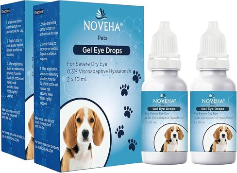 NOVEHA Pet Gel Drops للعين مع 0.3% من الهيالورونيك اللزج | محلول العين للعيون شديدة الجفاف - ترطيب طويل الأمد، يقلل من الإزعاج والتورم والجفاف - مرطب العين للكلاب والقطط (2 × 10 مل) in Kuwait