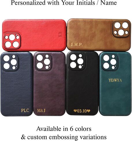 Custom Embossed Leather Case for iPhone – Personalized Initials Case for 17, 16, 15, 14, 13, 12, 11, XR, XS, X, SE, Pro, Max, Plus – Custom Name, Monogram, Year, Engraving, Gift Idea for Him and Her in Saudi Arabia