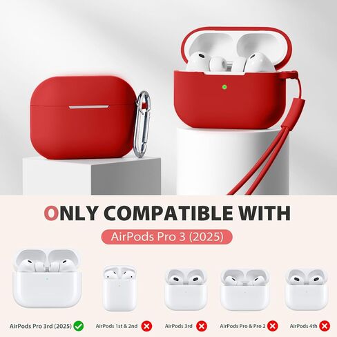 حافظة Lerobo لـ AirPods Pro 3 مع مجموعة أدوات تنظيف، غطاء سيليكون ناعم صديق للبشرة متوافق مع Apple AirPods Pro 3rd Generation 2025 حافظة مع سلسلة مفاتيح وحبل للنساء والرجال، LED مرئية، أحمر in Kuwait
