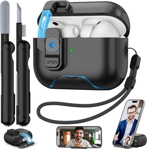 حافظة AirPods Pro 3 2025، قفل أمان، حامل هاتف، غطاء تلقائي الفتح، متوافق مع غطاء حافظة AirPods Pro الجيل الثالث مع مجموعة تنظيف وحبل للرجال، حماية ضد الصدمات، أسود in Kuwait
