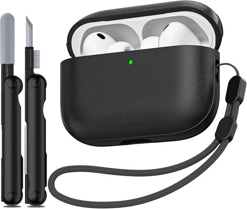 حافظة AirPods Pro 3 (2025)، حافظة حماية لكامل الجسم من الجلد من TNSNK، حافظة Airpods Pro من الجيل الثالث مع حبل ومجموعة تنظيف، دعم الشحن اللاسلكي، مصباح LED أمامي مرئي (أسود) in Kuwait