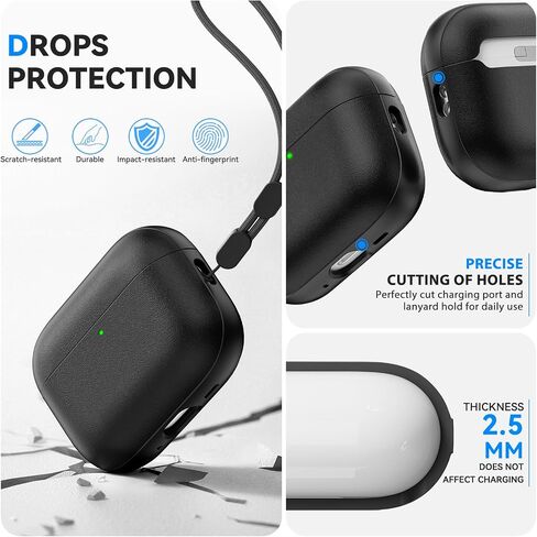 حافظة AirPods Pro 3 (2025)، حافظة حماية لكامل الجسم من الجلد من TNSNK، حافظة Airpods Pro من الجيل الثالث مع حبل ومجموعة تنظيف، دعم الشحن اللاسلكي، مصباح LED أمامي مرئي (أسود) in Kuwait
