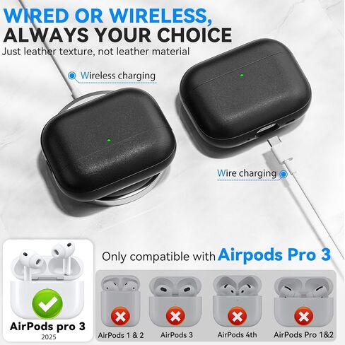 حافظة AirPods Pro 3 (2025)، حافظة حماية لكامل الجسم من الجلد من TNSNK، حافظة Airpods Pro من الجيل الثالث مع حبل ومجموعة تنظيف، دعم الشحن اللاسلكي، مصباح LED أمامي مرئي (أسود) in Kuwait