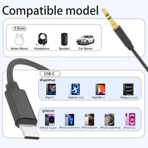 1PACK كابل USB C إلى 3.5 ملم صوت Aux Jack - 3.3ft Type-C إلى 3.5 ملم سماعة رأس وسلك ستيريو للسيارة، متوافق مع iPhone 16 Pro Max، 15 Pro Max، S24 S23 S22 S21، iPad Pro أسود in Saudi Arabia
