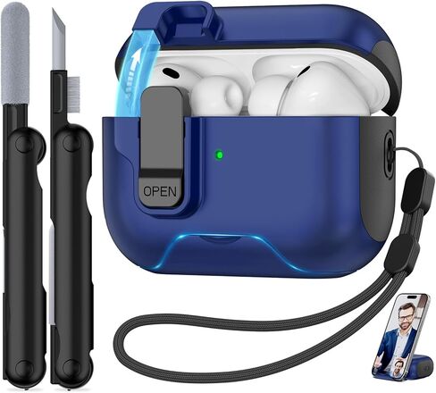 حافظة AirPods Pro 3 2025، قفل أمان، حامل هاتف، غطاء تلقائي الفتح، متوافق مع غطاء حافظة AirPods Pro الجيل الثالث مع مجموعة تنظيف وحبل للرجال، حماية ضد الصدمات، أسود in Kuwait