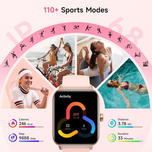 ساعات ذكية للنساء، شاشة HD 1.85 بوصة متوافقة مع iPhone/Android (الرد/إجراء المكالمات)، 110+ أوضاع رياضية لتتبع اللياقة البدنية مع مراقب معدل ضربات القلب/النوم/Sp02، 200+ساعة وجه IP68 مقاومة للماء (وردي، 1.85) in Kuwait