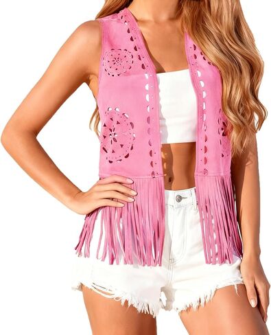 Nituyy Womens 70s Hippie Faux Suede Tassel Vest Boho Western Hippie Jacket Outfits Sleeveless Open-Front Vintage Tops in Saudi Arabia