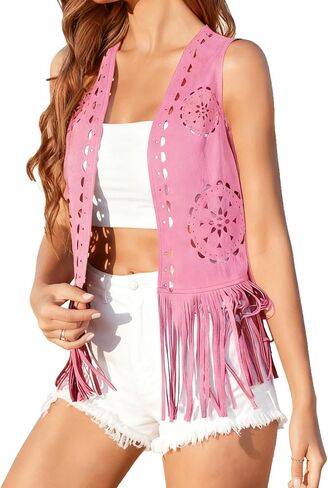 Nituyy Womens 70s Hippie Faux Suede Tassel Vest Boho Western Hippie Jacket Outfits Sleeveless Open-Front Vintage Tops in Saudi Arabia