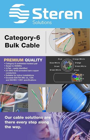 كابل STEREN CAT6 Plenum (CMP) 1000 قدم | اي تي ال | نجح اختبار محلل الشبكة | 23AWG 4Pair، كابل شبكة صلب 550 ميجا هرتز 10 جيجابت UTP، أزرق - بكرة في صندوق - 300-796BL in Kuwait