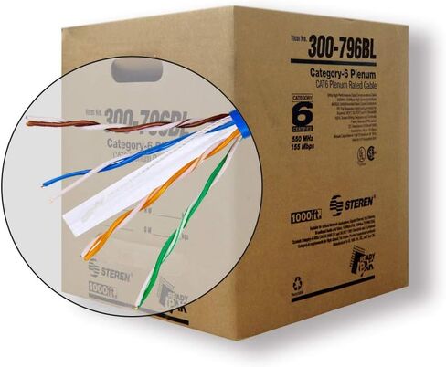 كابل STEREN CAT6 Plenum (CMP) 1000 قدم | اي تي ال | نجح اختبار محلل الشبكة | 23AWG 4Pair، كابل شبكة صلب 550 ميجا هرتز 10 جيجابت UTP، أزرق - بكرة في صندوق - 300-796BL in Kuwait