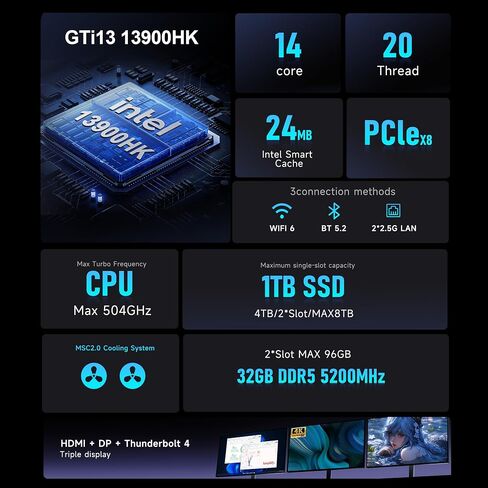 كمبيوتر صغير Beelink GTi13، Intel Core-i9 13900HK(14C/20T، حتى 5.4 جيجا هرتز)، 32 جيجا DDR5 1 تيرابايت SSD، كمبيوتر صغير يدعم Thunderbolt 4/PCle×8 Slot/WiFi6/2.5G LAN/شاشة ثلاثية، كمبيوتر صغير للمنزل/المكتب in Kuwait