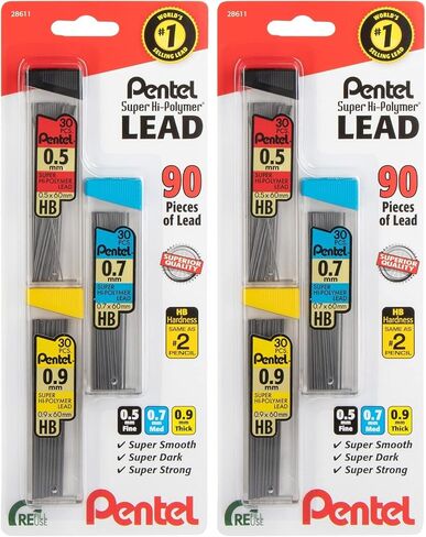 Pentel Super Hi-Polymer Mechanical Pencil Lead Refill - 0.5mm, 0.7mm, 0.9mm - 90 Led refills (30 of Each Size) in Saudi Arabia