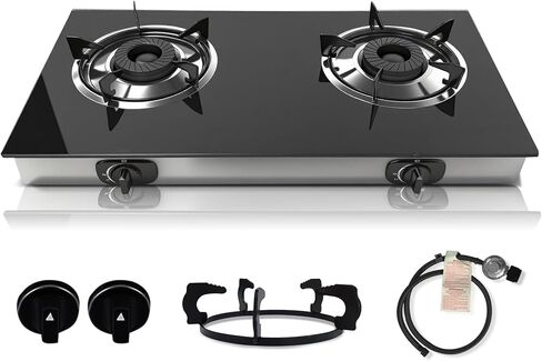 2 Burner Propane Gas Stove, Portable Tempered Glass Camping Stove Propane with Auto-Ignition, 20472 BTU Burners for Cooking, Outdoor, Camping, RV & Emergency Use in Saudi Arabia