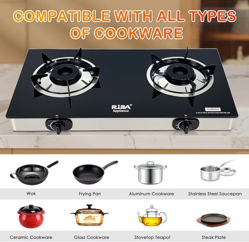 2 Burner Propane Gas Stove, Portable Tempered Glass Camping Stove Propane with Auto-Ignition, 20472 BTU Burners for Cooking, Outdoor, Camping, RV & Emergency Use in Saudi Arabia
