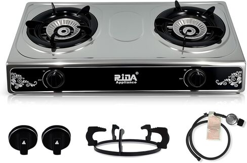 2 Burner Propane Gas Stove, Portable Tempered Glass Camping Stove Propane with Auto-Ignition, 20472 BTU Burners for Cooking, Outdoor, Camping, RV & Emergency Use in Saudi Arabia